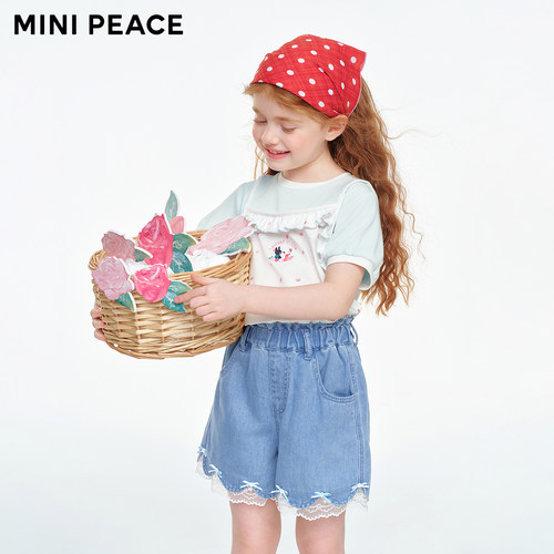 MINIPEACE太平鸟童装女童牛仔短裤夏季薄款儿童五分裤花边裤子
