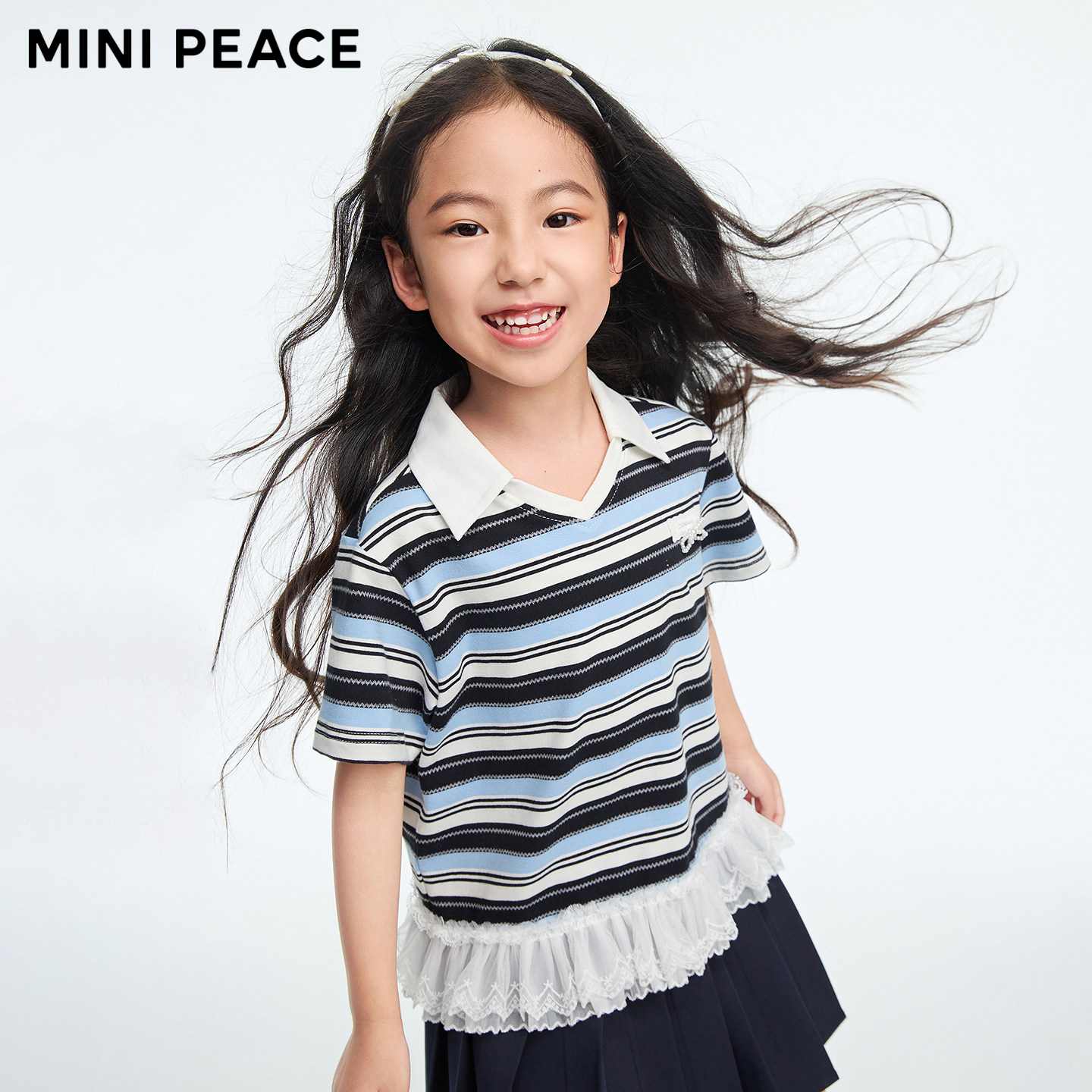 【专柜同款】MINIPEACE太平鸟童装女童短袖T恤夏装条纹肌理上衣潮
