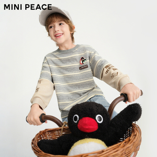 MINIPEACE太平鸟童装男童长袖T恤宽条纹假两件春秋装上衣简潮新款