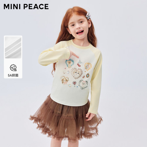 [5A抑菌]MINIPEACE太平鸟童装女童长袖T恤小猫打底衫插肩袖春秋装
