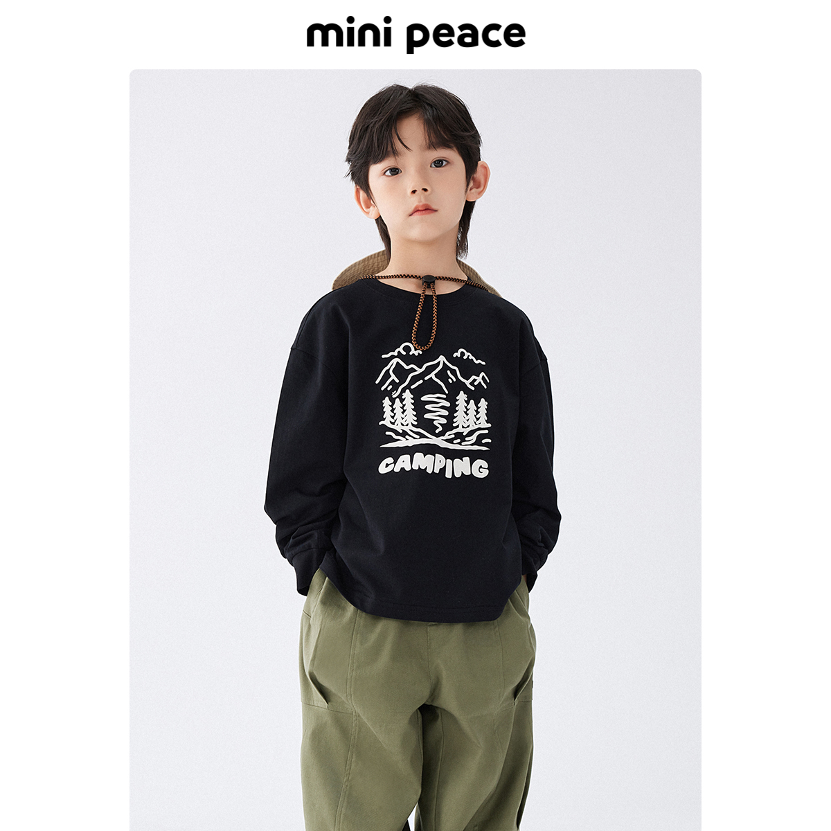 MINIPEACE太平鸟童装男童长袖T恤儿童黑色内搭打底衫春秋新款山系