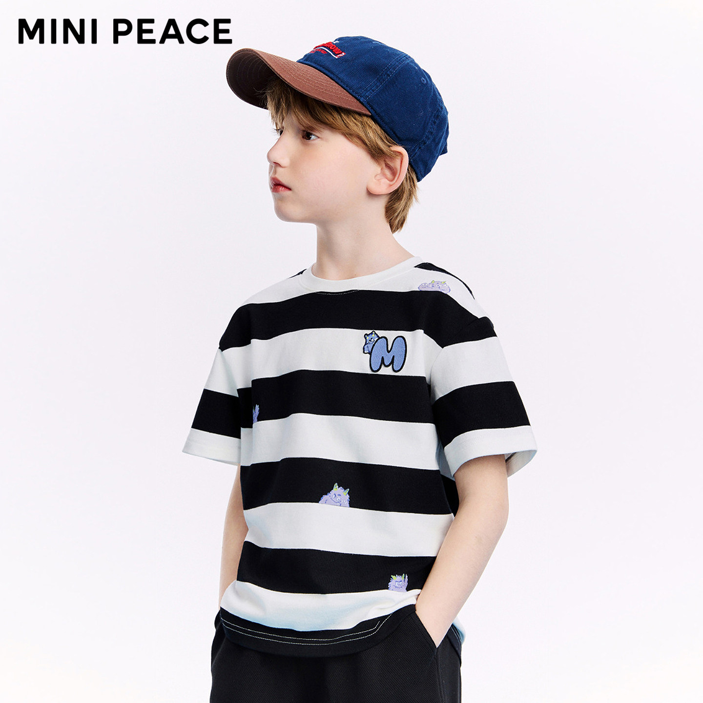 MINIPEACE太平鸟童装男童短袖T恤条纹儿童夏装男宝上衣宽松小怪兽