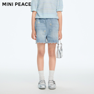 【专柜同款】MINIPEACE太平鸟童装女童短裤夏季珍珠花朵牛仔裤子