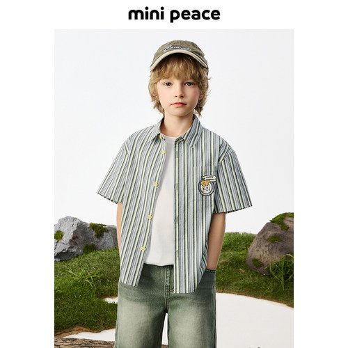 MINIPEACE太平鸟童装男童衬衫2025夏季新款儿童条纹小狗短袖薄款