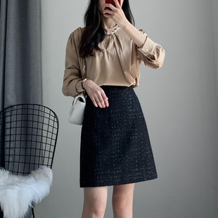 高腰毛呢短裙女秋冬黑色亮丝显瘦气质半裙百搭小香风半身裙a字裙
