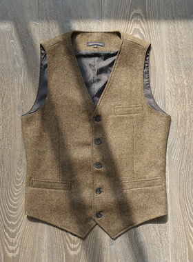 CAILENOW  浴血黑帮重磅秋冬羊毛粗花呢鱼骨纹英伦复古咖啡色马甲