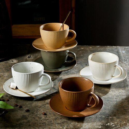 复古日式竖纹陶瓷咖啡杯碟套装280ml卡布拿铁杯高颜值手工拉花杯