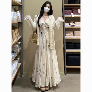 收腰显瘦碎花吊带连衣裙慵懒风镂空开衫 胖mm大码 新中式 套装 女春季