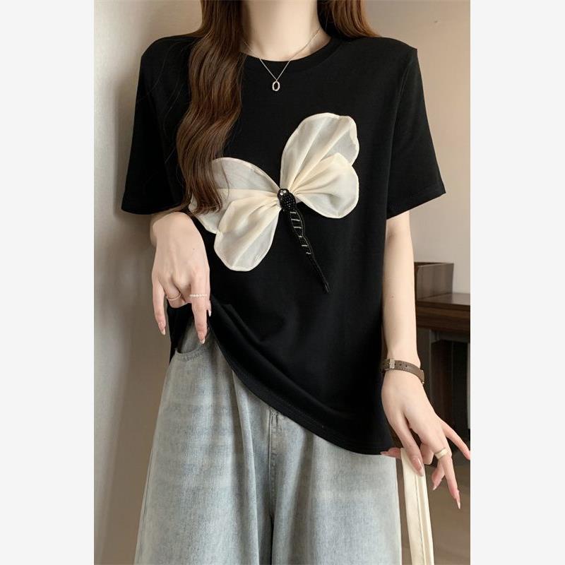 纯棉大码女装短袖t恤女夏季新款胖mm遮肉宽松显瘦设计感正肩上衣