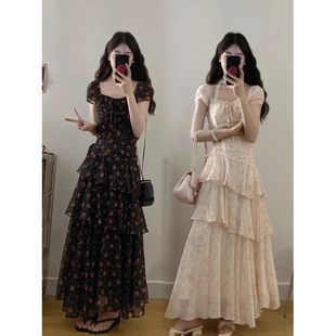 甜美减龄法式 微胖mm显瘦收腰蛋糕裙长裙 方领碎花连衣裙女大码 夏季