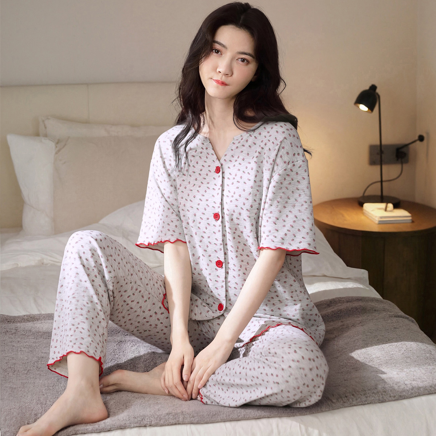 纯棉睡衣女士夏季短袖长裤开衫碎花纯色休闲运动可外出家居服套装