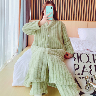 半边绒睡衣女睡裙睡衣秋冬款冬季珊瑚绒加厚加绒睡袍保暖两件套装