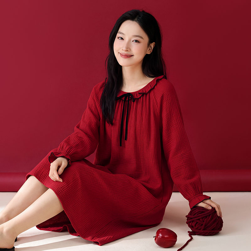 睡裙女秋季纯棉长袖本命年红色