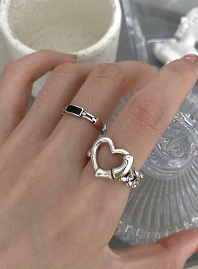 BIZARRE｜镂空爱心戒指女925银复古小众黑色链条ins高级时尚指环