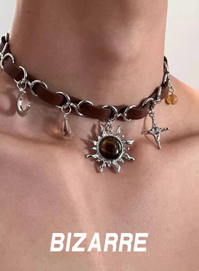 BIZARRE｜棕色太阳皮革拼接项链美拉德小众复古朋克欧美街头项圈