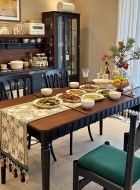 中古法式餐桌椅组合饭台家用复古餐桌长方形饭桌长方形实木小户型
