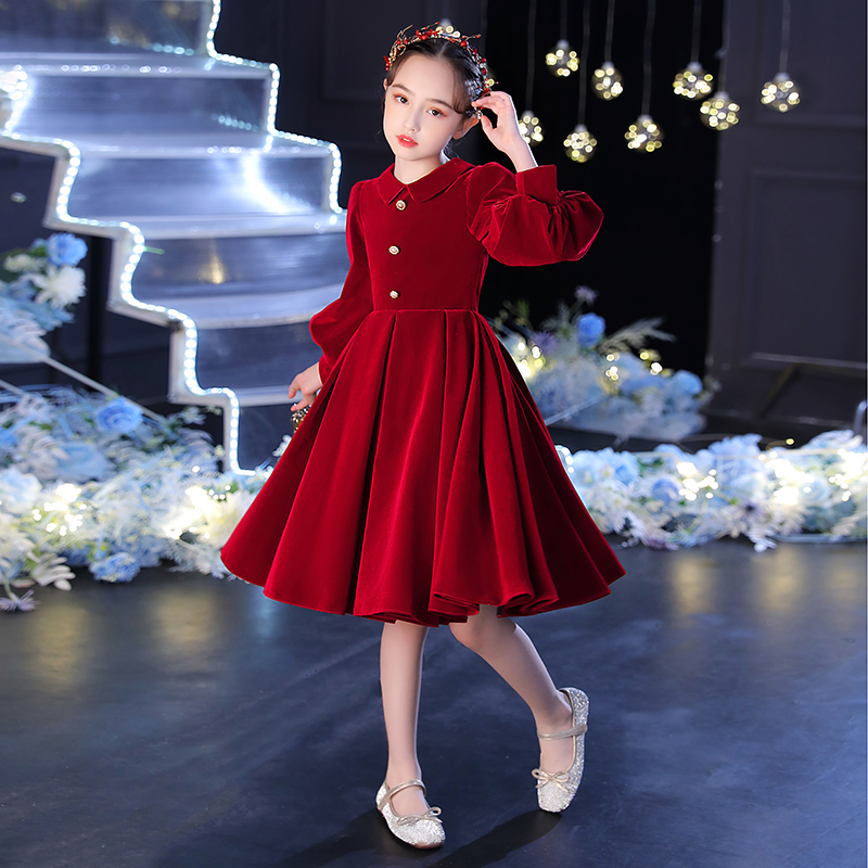 女童红色礼服公主裙秋冬小女孩