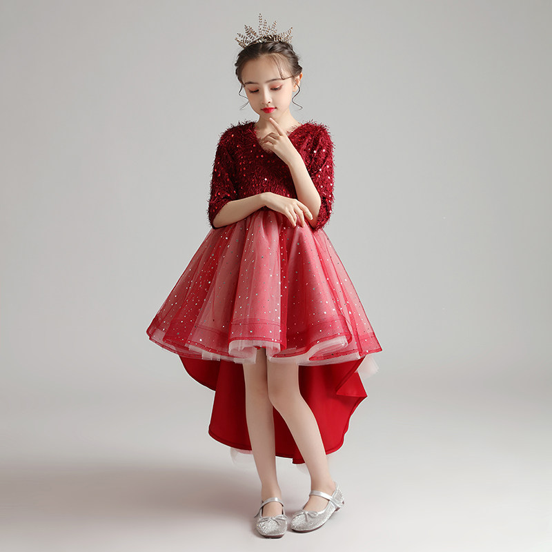 公主裙女童蓬蓬纱生日前短后长红色小花童高端儿童钢琴演出服表演