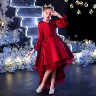 女童红色礼服公主裙生日缎面走秀长袖花童婚纱钢琴演出服演奏秋冬