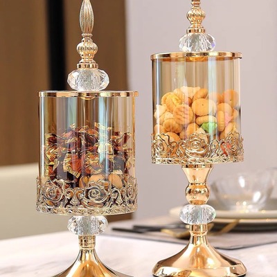 轻奢水晶玻璃带盖储物罐欧式美式客厅茶几花边糖果罐收纳装饰摆件