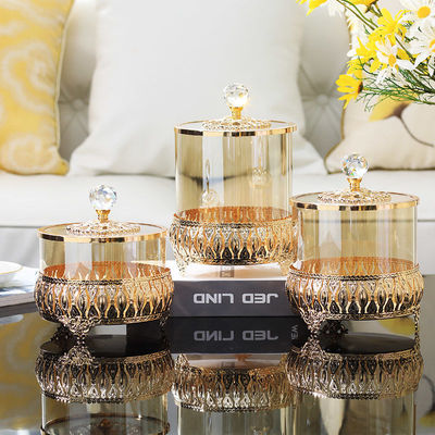 轻奢风金色水晶玻璃带盖装饰储物罐 美式欧式茶几糖果罐装饰摆件