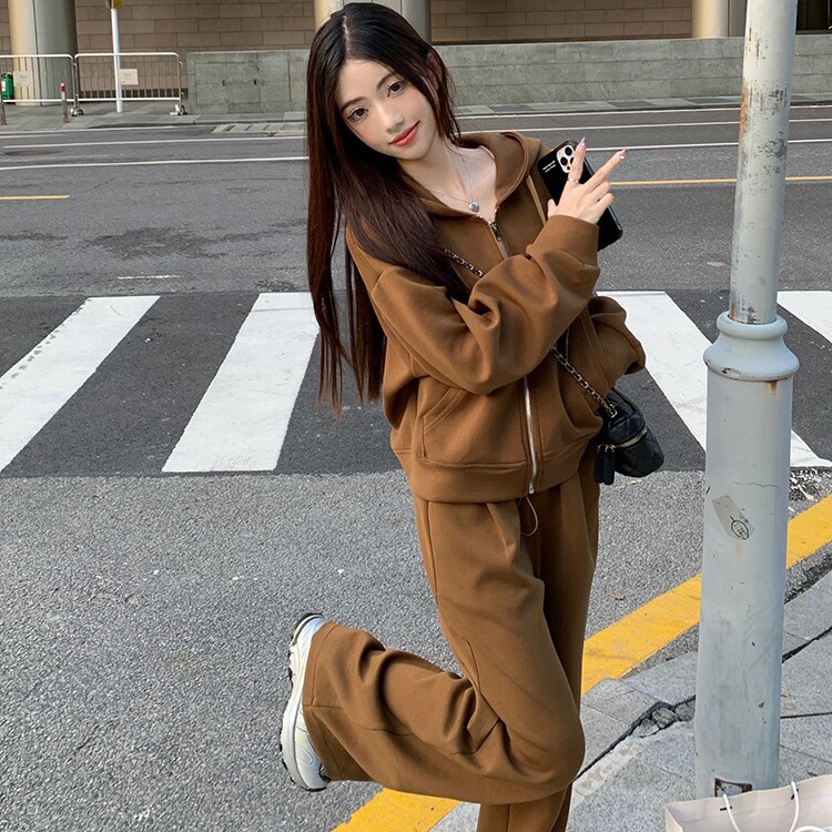 胖mm大码春秋季时尚洋气显瘦运动休闲套装女连帽卫衣两件套240斤