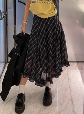 Oh！Me Tell【格子控】韩系格纹不规则木耳边雪纺中长款半身裙女