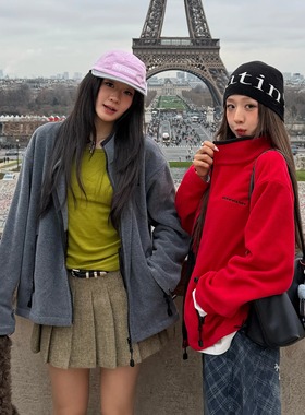 Oh！Me Tell【新年红】字母刺绣立领摇粒绒抽绳拉链夹克外套男女