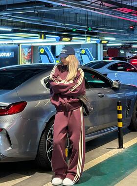 Oh! Me Tell【复古美式】三条杠花边立领宽松休闲运动潮流套装女