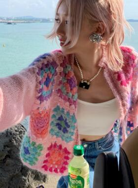 Oh! Me Tell【甜心女孩】重工针织撞色钩花马海毛毛衣开衫短外套