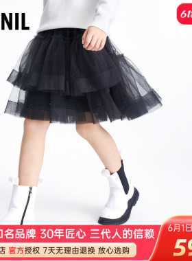 安奈儿女童装半身裙春秋季款中大儿童黑色网纱短裙子洋气甜美