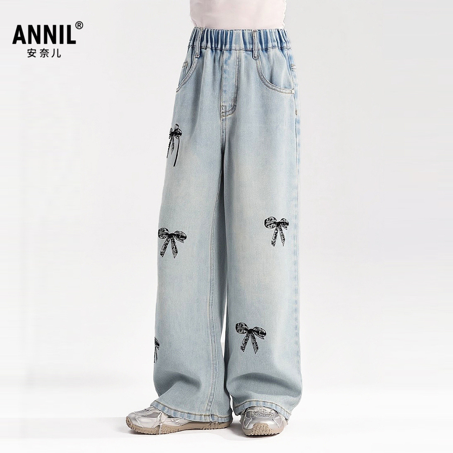安奈儿女童装软牛仔单裤2026春季新款宽松阔腿蝴蝶结长裤亲肤直筒,童装/婴儿装/亲子装,儿童牛仔裤,淘宝优惠券,粉丝福利购,淘宝优惠卷