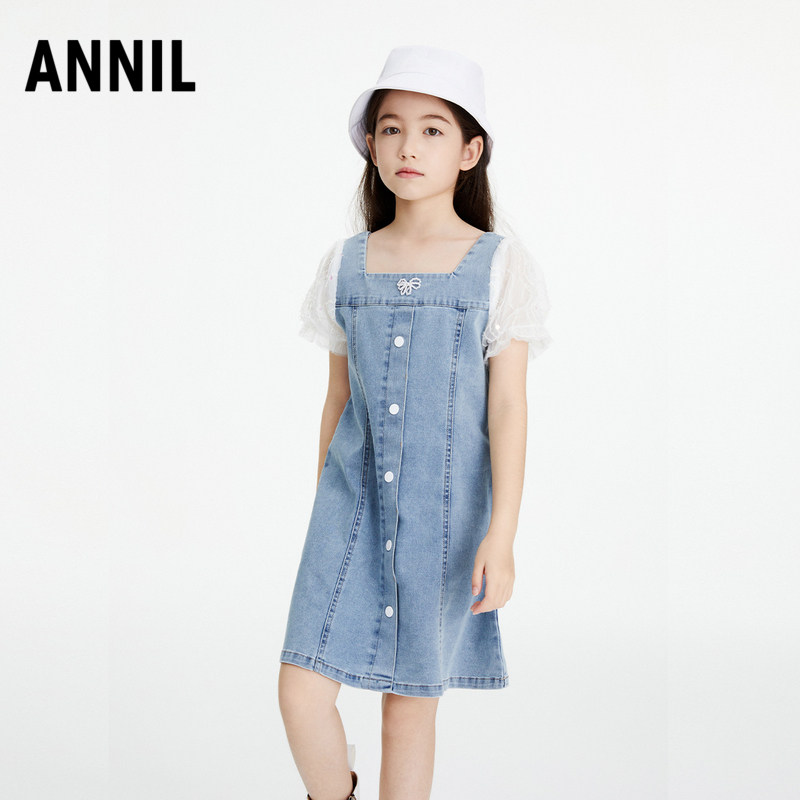 安奈儿女童牛仔短袖连衣裙图片