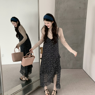 新法式浪漫显瘦斜边木耳碎花吊带连衣裙26598