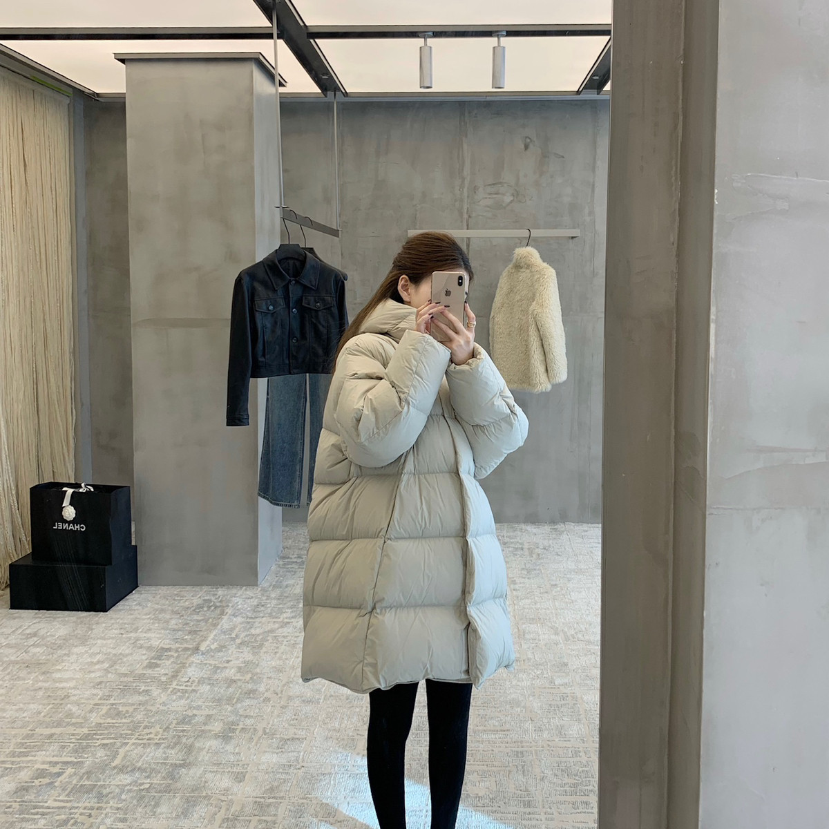 EASE-芙中长款豆腐块格子保暖羽绒服外套(一件过冬无压力)E25Y021