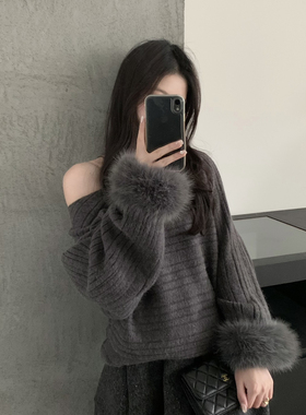 grapestone 一字肩斜肩两穿套头毛衣毛衣(含6.4兔毛)1619