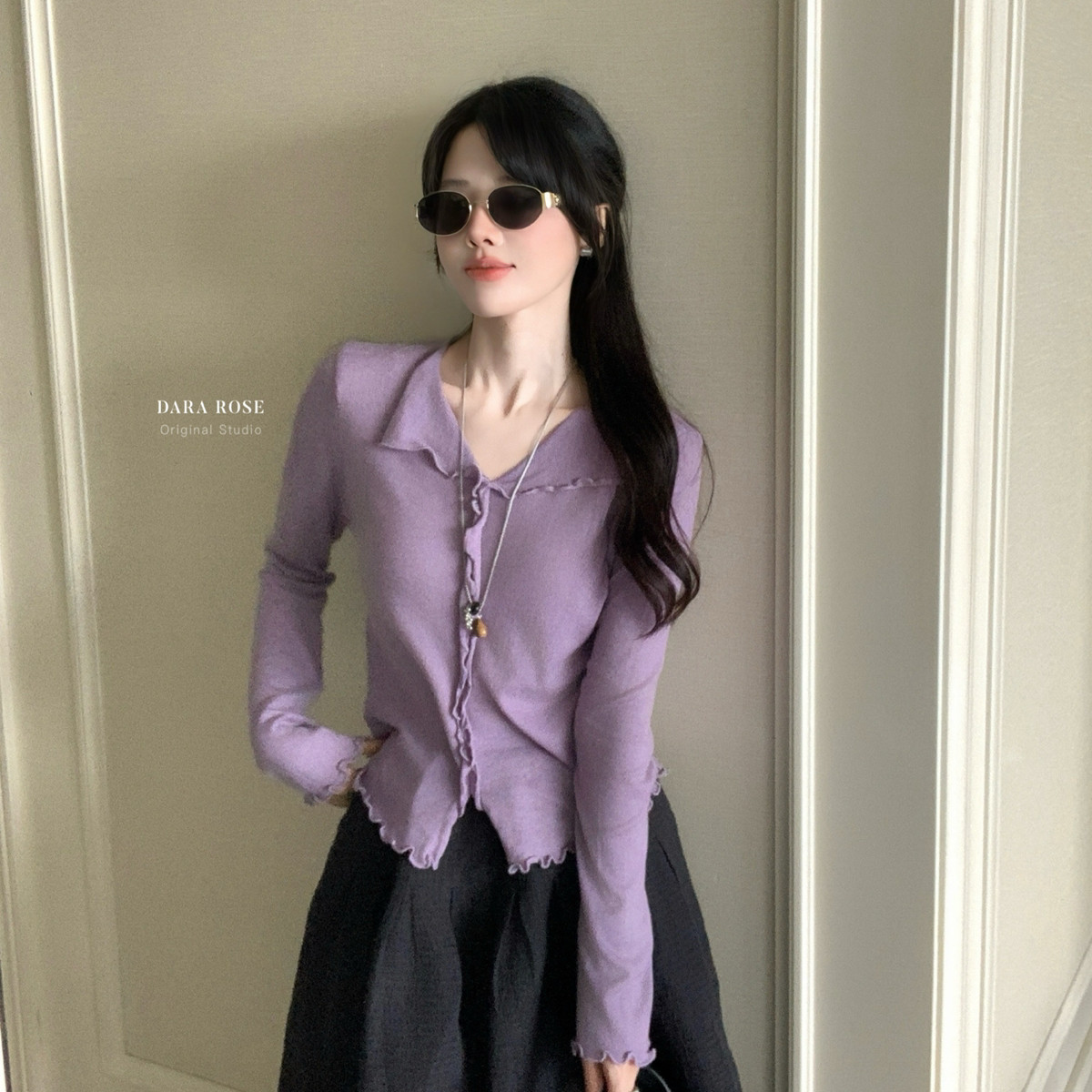 DARA ROSE-针织韩系小女人风设计感木耳边V领长袖上衣针织衫K7116,女装/女士精品,毛针织衫,淘宝优惠券,粉丝福利购,淘宝优惠卷