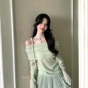 针织衫 荷曼波绿色一字肩露肩套头设计感显瘦长袖 S8867 ROSE DARA