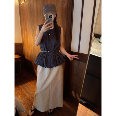 Believe韩系泡泡压褶下摆腰带小衫背心(配腰带)  8591#