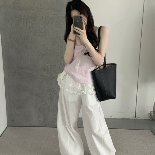 grapestone -新韩系屁帘蕾丝拼接宽松百搭假两件休闲裤2871