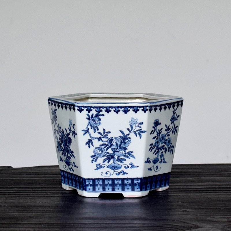 青花瓷陶瓷花盆六方盆景盆栽花钵景德镇兰花发财树新中式家居摆件