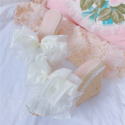 婚纱蝴蝶结少女坡跟凉拖