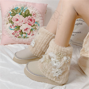 原创设计中筒保暖雪地靴毛毛厚底松糕刺绣钉珠裤 管靴仙女加厚棉靴