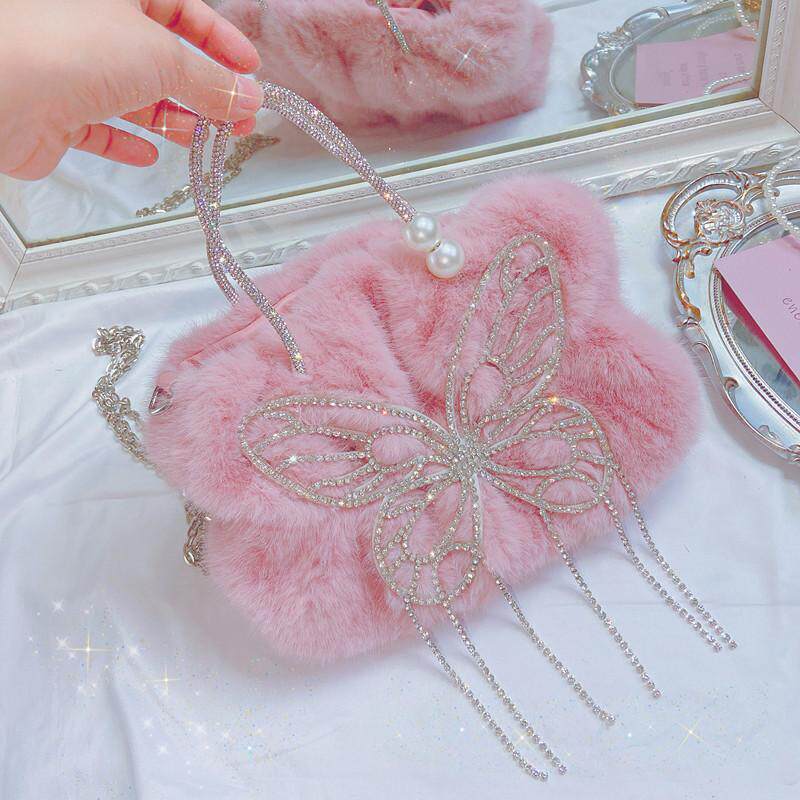 原创设计甜美粉色冬季毛毛包重工水钻仙女气质加绒手提斜跨包淑女