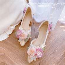 原创设计手工仙女粗跟高跟鞋粉色水晶花朵浅口尖头洛丽塔花边单鞋