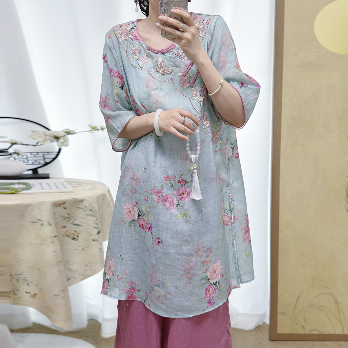 复古新中式刺绣苎麻衬衫裙茶服