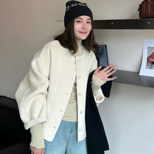 2025秋冬新款韩系双面羊绒大衣女中长款宽松圆领短款显瘦羊毛外套