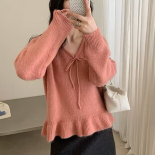 2026秋冬新款毛衣女慵懒风宽松长袖设计感纯色大领子套头针织上衣