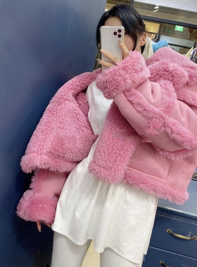 拼接鹿皮绒皮毛一体羊羔毛外套女