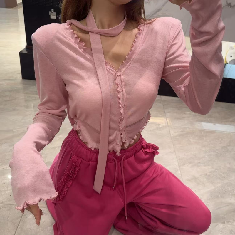 设计感飘带木耳边V领长袖T恤女秋季韩版简约显瘦百搭短款上衣潮